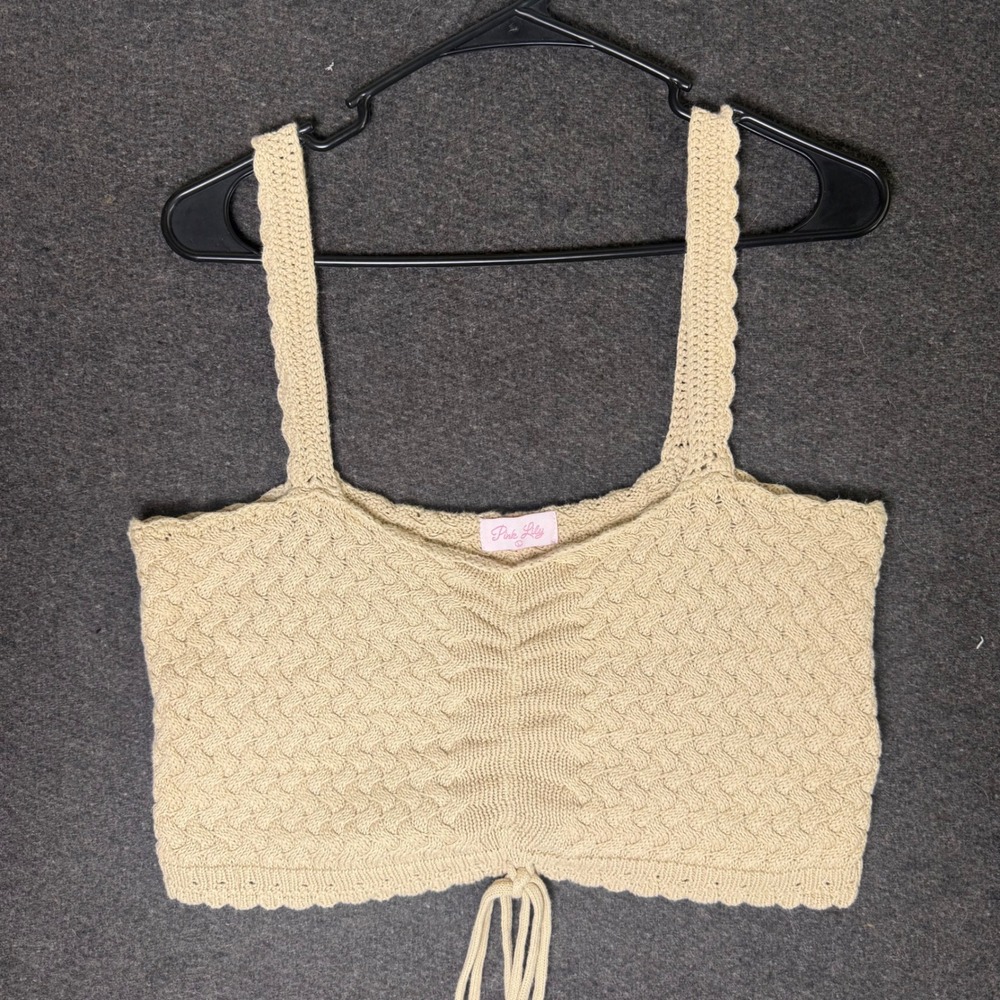 Womens Beige Tan Crochet Knit Crop top chunky preppy boho western sweetheart